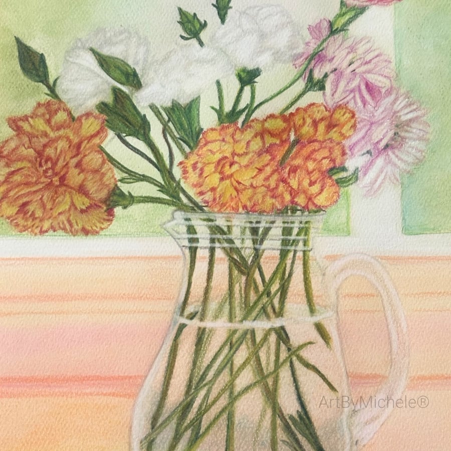 Flowers In Bloom Original Artwork 9x12, Mixed Media