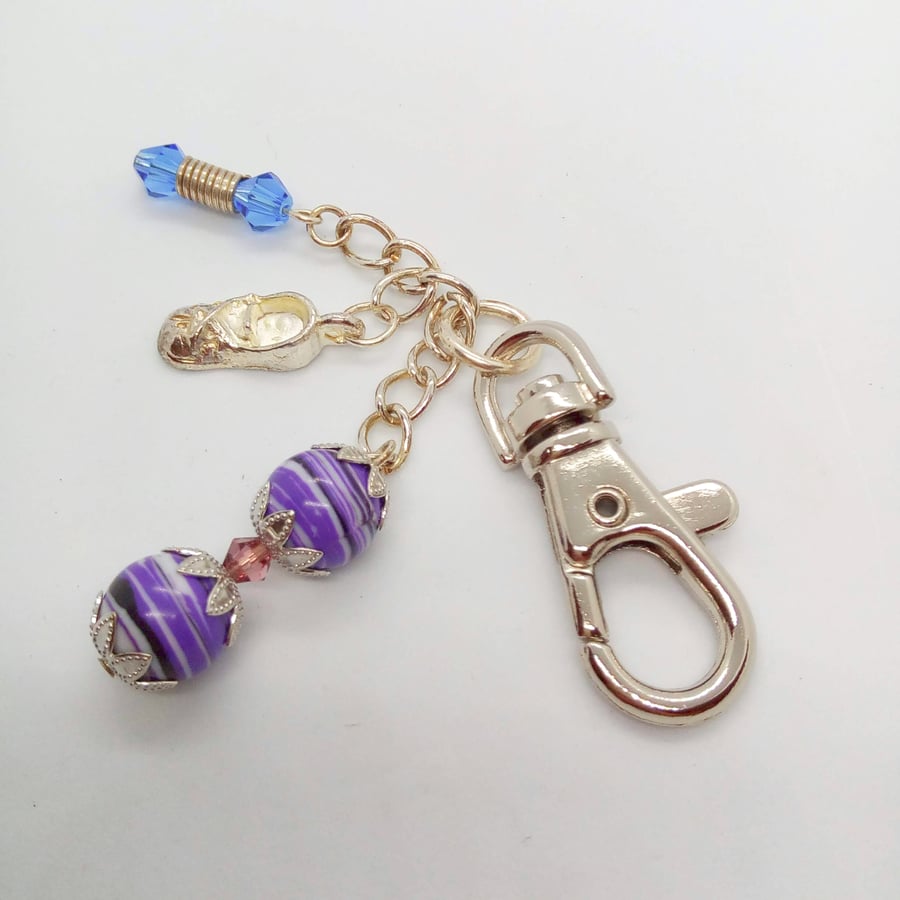 Purple Agate Blue Crystal Bag Charm With A Silver Shoe Handbag Charm