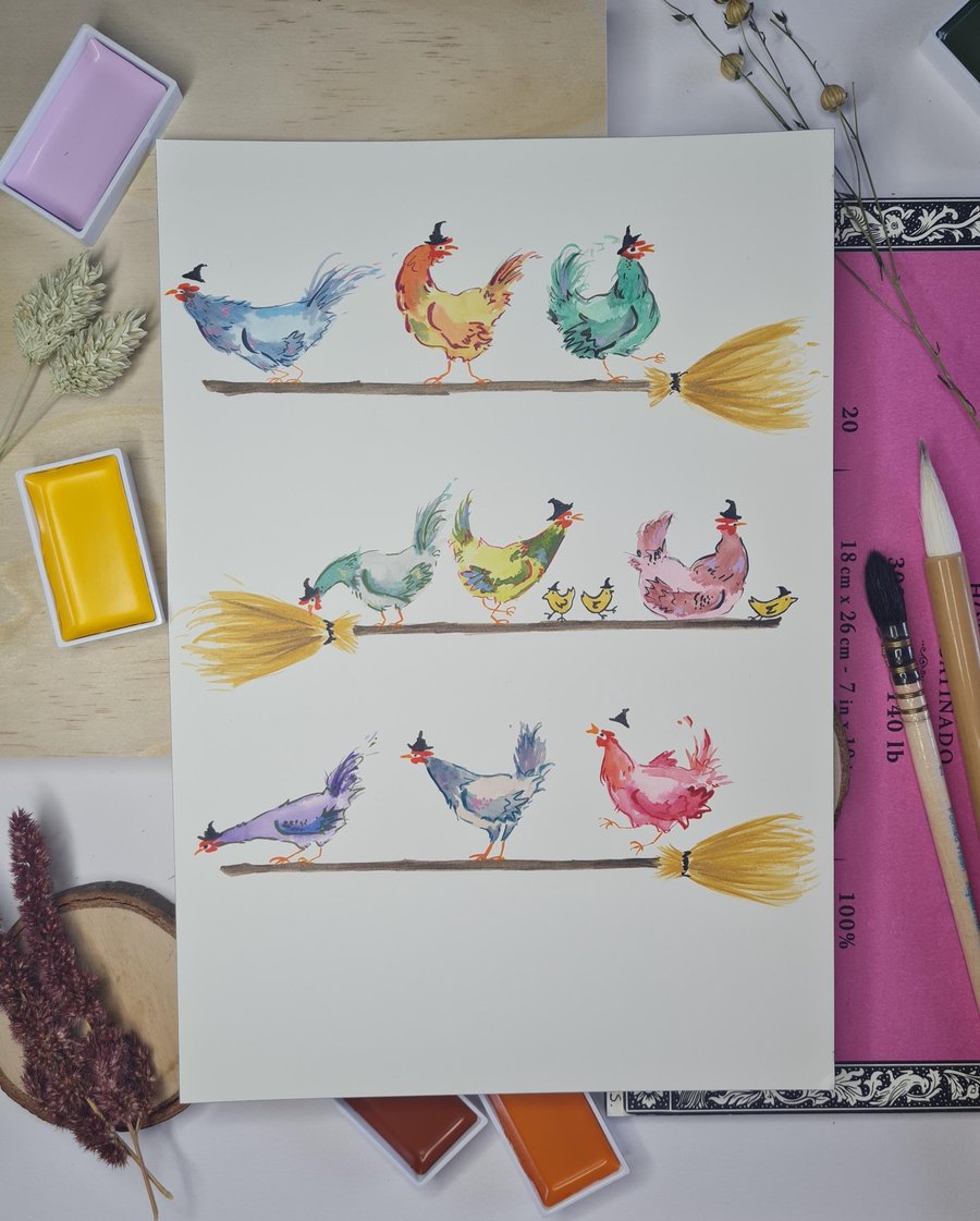 Witch Chickens Halloween Print: Funny Spooky Watercolor Art