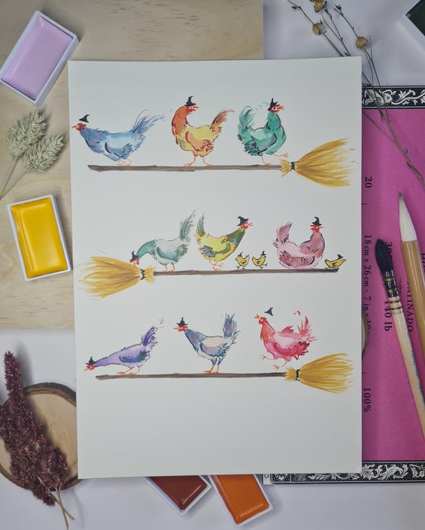 Witch Chickens Halloween Print: Funny Spooky Watercolor Art