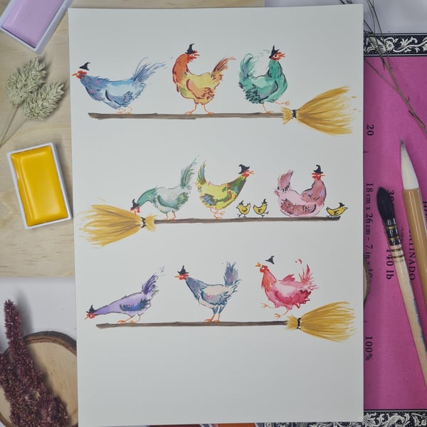 Witch Chickens Halloween Print: Funny Spooky Watercolor Art