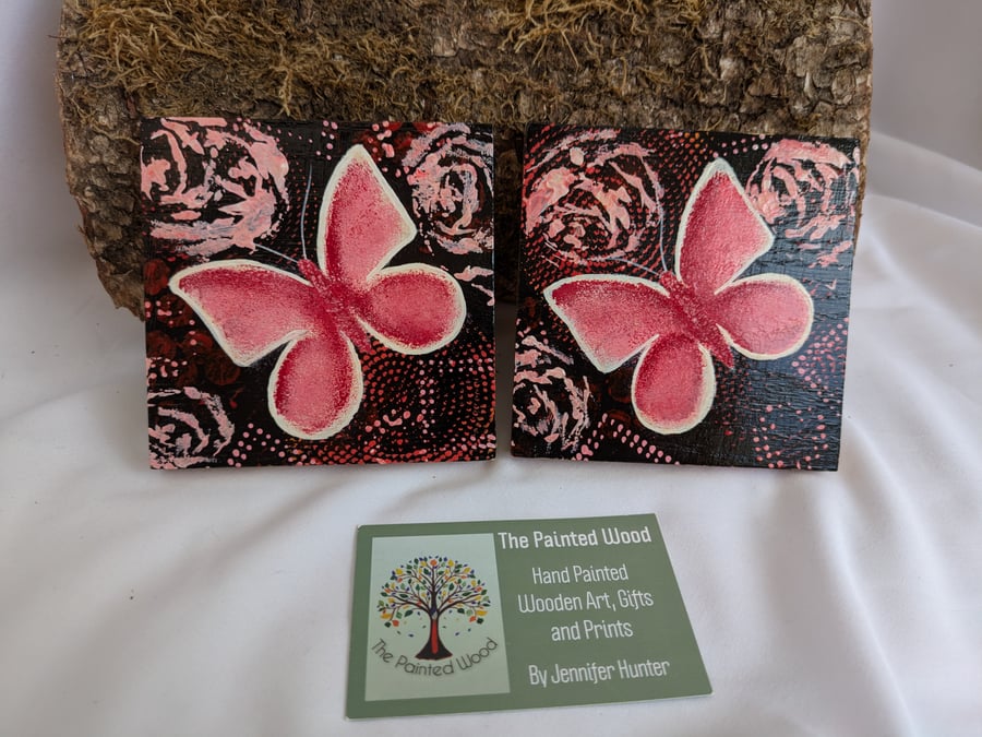 Hand Painted Oak Wood Coaster Set of 2, Red Butterflies