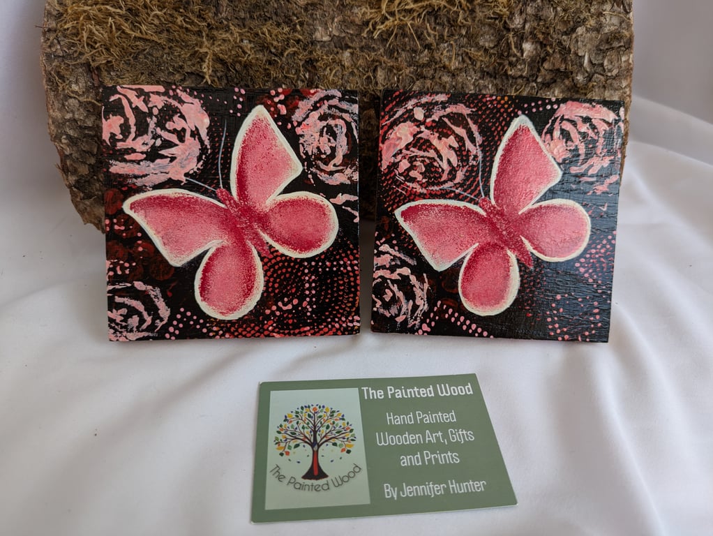 Hand Painted Oak Wood Coaster Set of 2, Red Butterflies