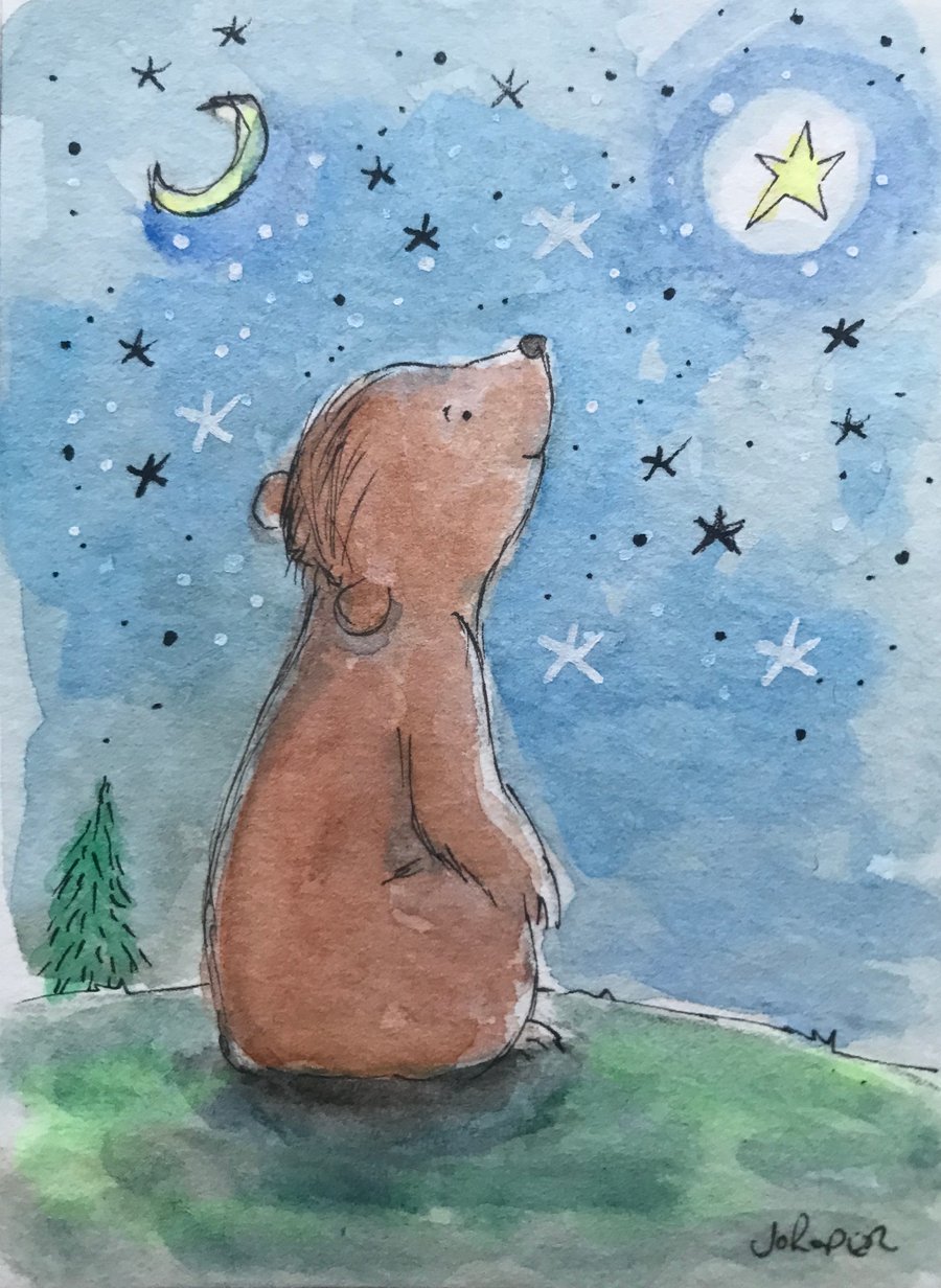 Original ACEO Little Bear with wishing star ACEO Jo Roper