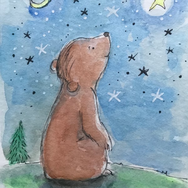 Original ACEO Little Bear with wishing star ACEO Jo Roper