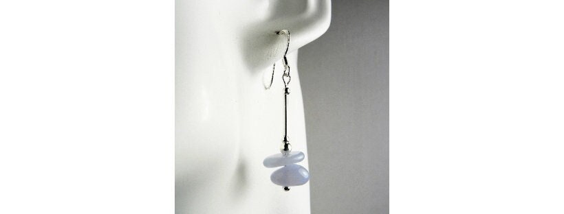 Chalcedony natural stone drop earrings, sterling silver, blue, nuggets, gift box