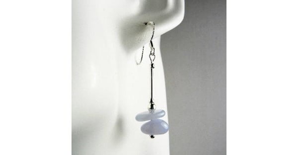 Chalcedony natural stone drop earrings, sterling silver, blue, nuggets, gift box
