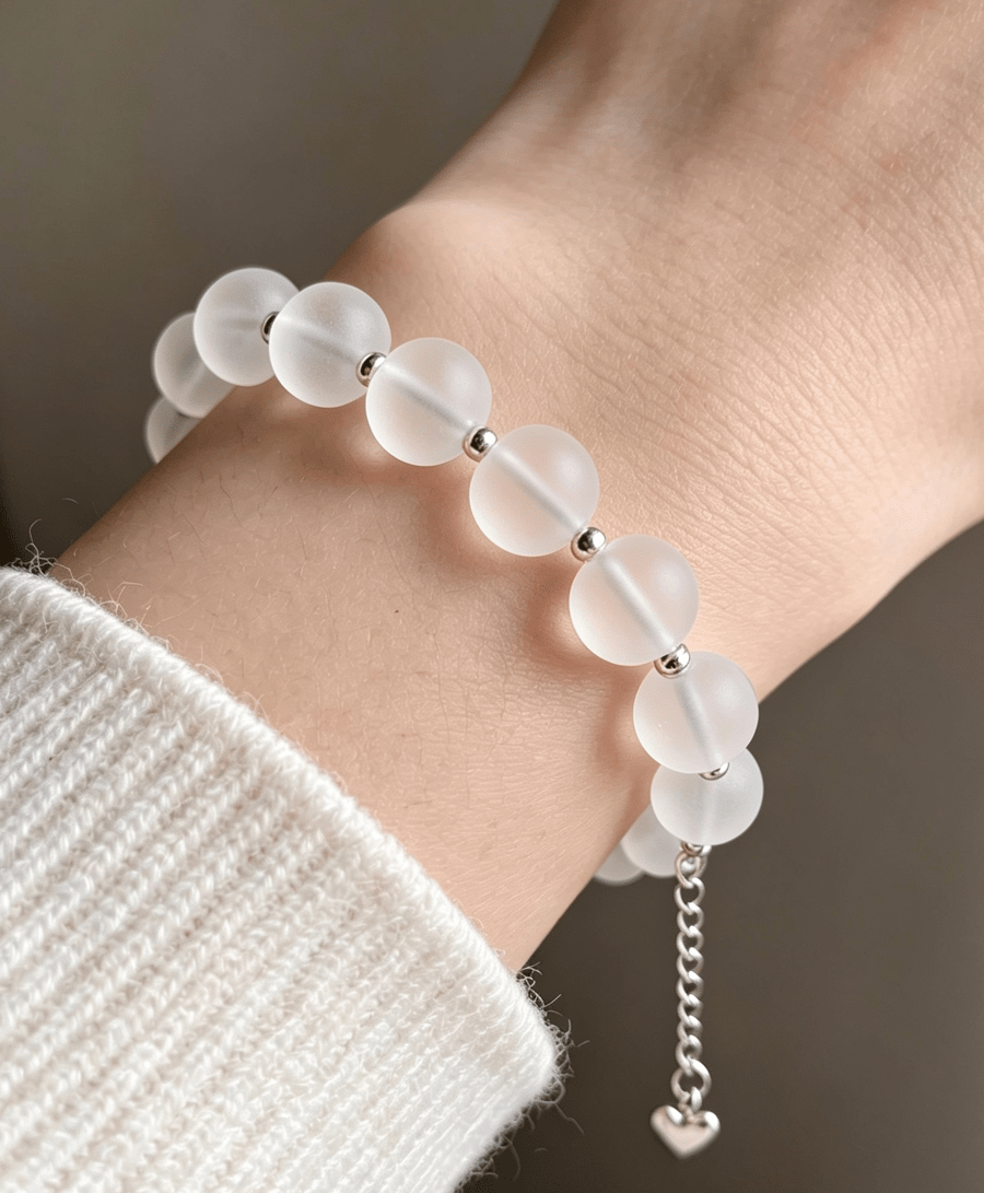 Frosted quartz beaded bracelet, crystal healing gemstone jewelry
