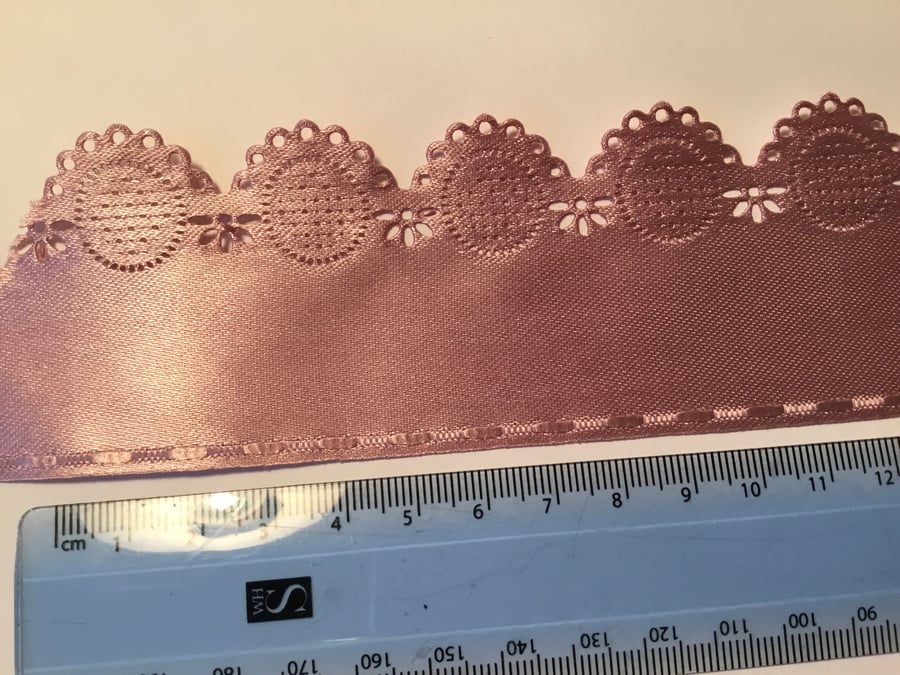 Satin ribbon - dusky pink with scalloped, lacey edge. 