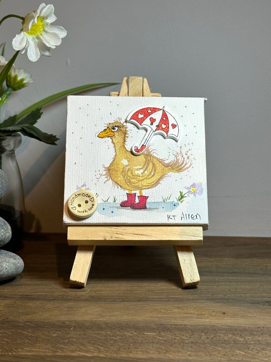 Original Watercolour Painting on a Miniature Canvas with Wooden Easel of a Duck