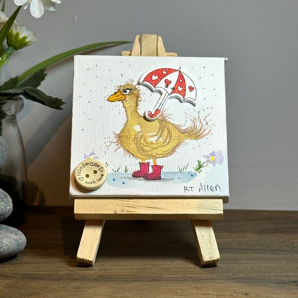 Original Watercolour Painting on a Miniature Canvas with Wooden Easel of a Duck