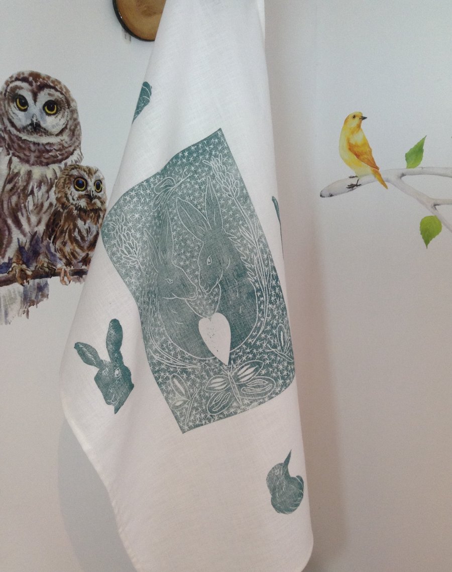 Linen hare printed tea towel