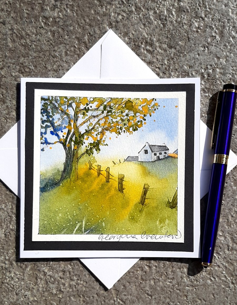 Handpainted Blank Card Of a Shady Farm Field