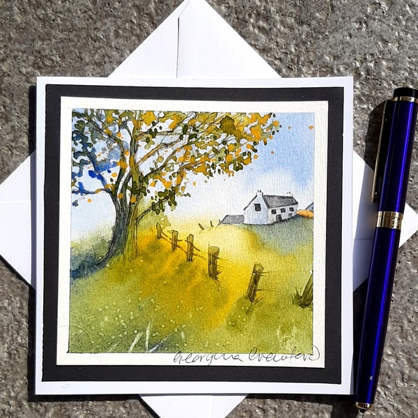 Handpainted Blank Card Of a Shady Farm Field