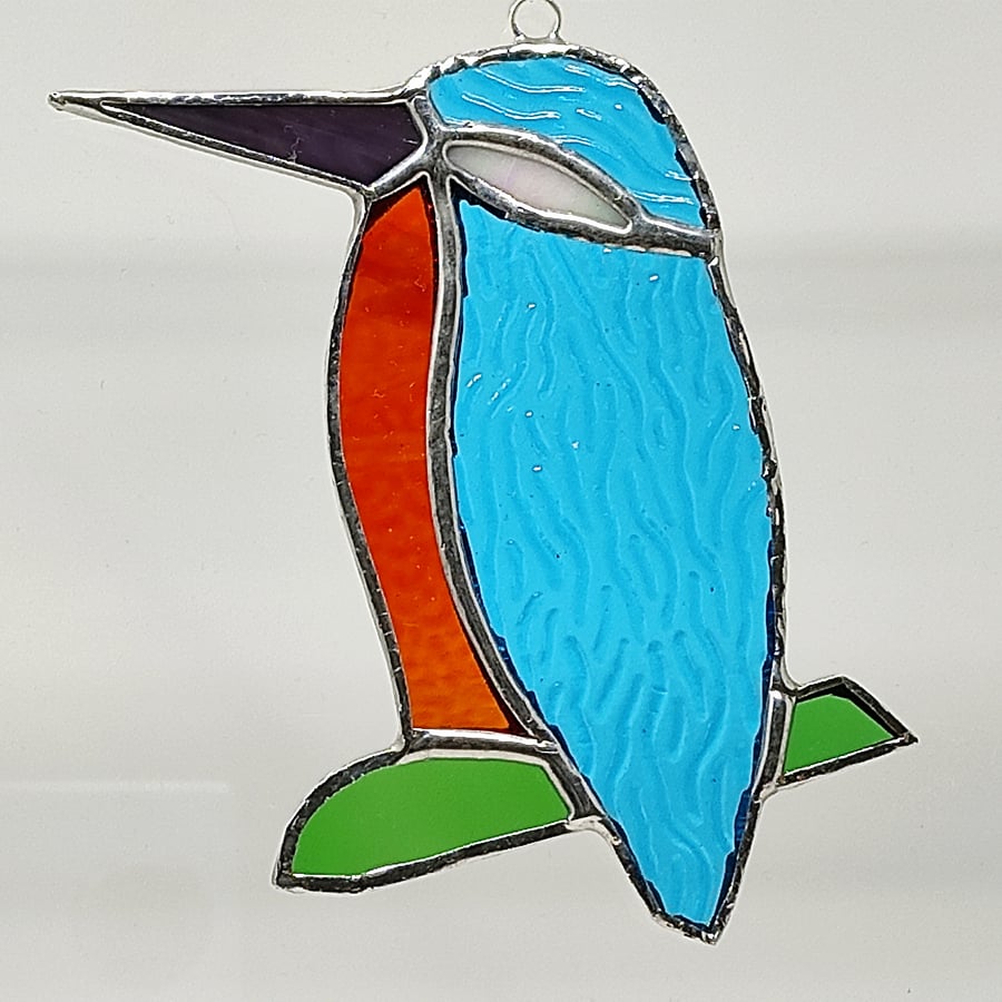 Stained glass kingfisher bird, turquoise and orange hanging decoration. 