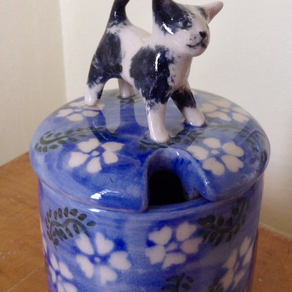 Honey or jam pot or lidded sugar bowl with kitten