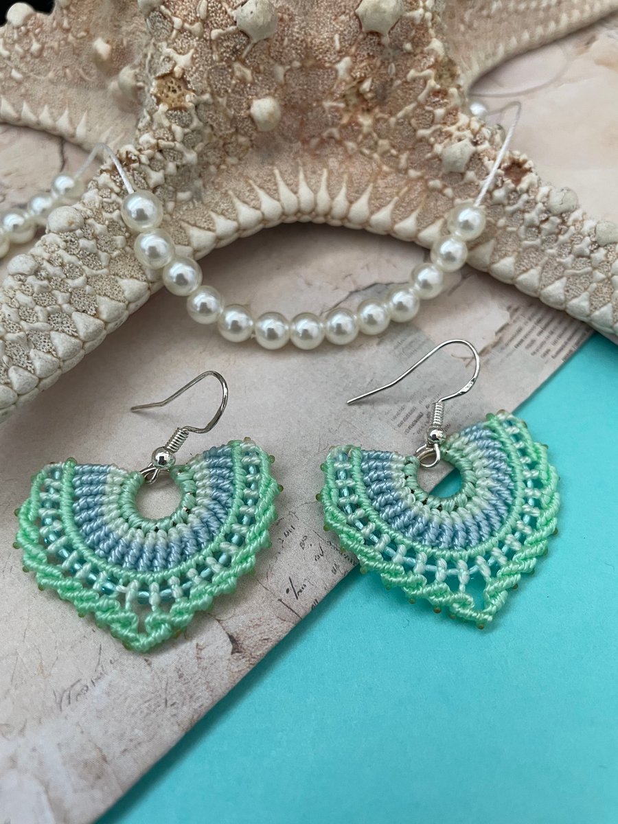 Green micro macrame Boho beaded fan shape drop dangle earrings, yoga, holiday 