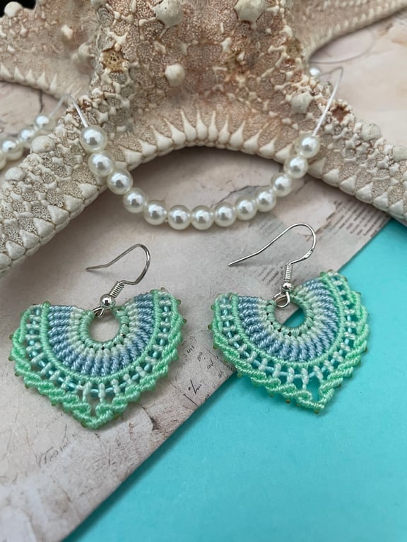 Green micro macrame Boho beaded fan shape drop dangle earrings, yoga, holiday 