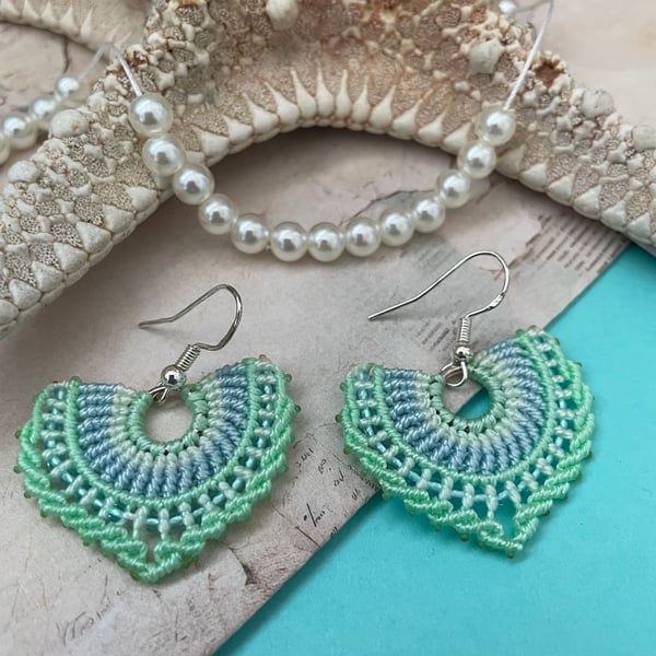Green micro macrame Boho beaded fan shape drop dangle earrings, yoga, holiday 