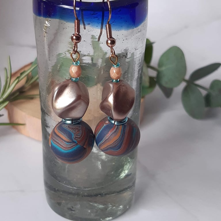 Bronze, turquoise and navy dangly earrings