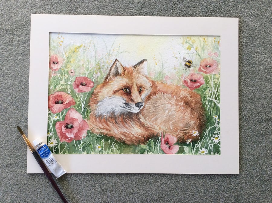 Original watercolour painting of fox and poppies