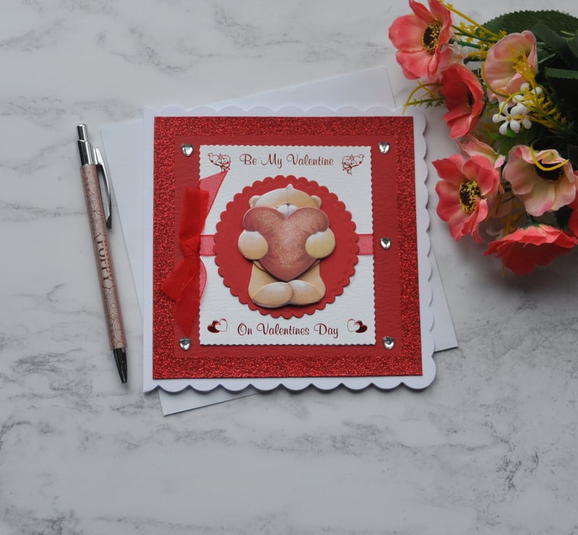 Be My Valentine's Day Love Heart Teddy Bear 3D Luxury Handmade Card