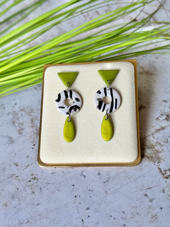 Colour & Monochrome - Metallic GreenTriangles and Tear Drop Earrings
