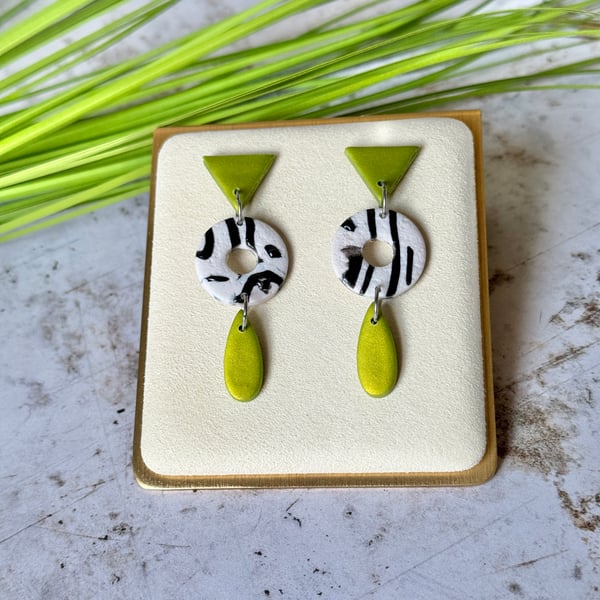 Colour & Monochrome - Metallic GreenTriangles and Tear Drop Earrings