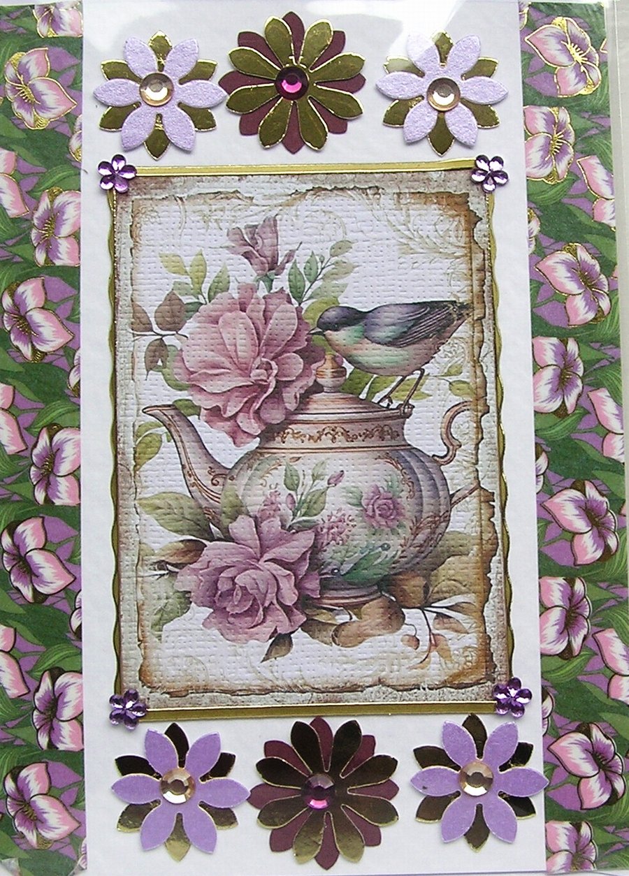 Garden Bird with Flowers- Hand Crafted Decoupage Greeting Card - Blank (3316)
