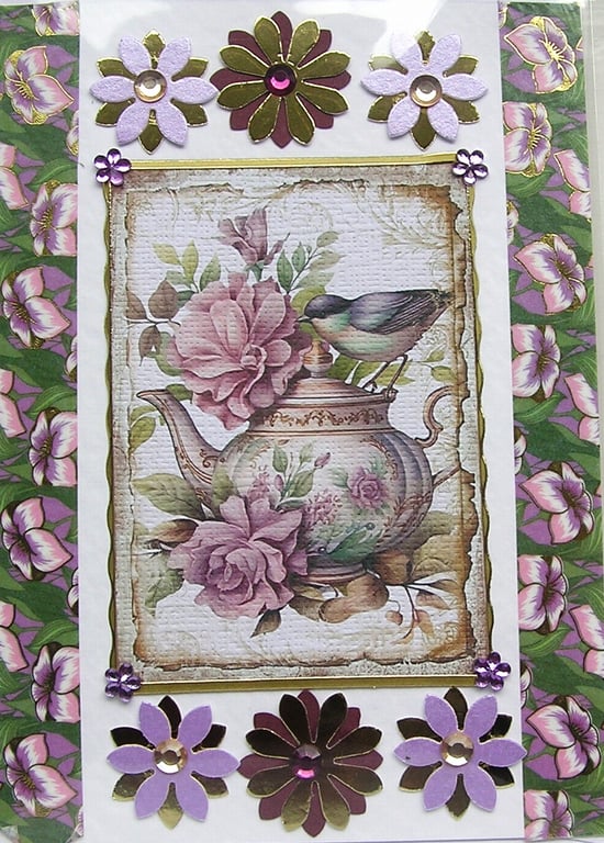 Garden Bird with Flowers- Hand Crafted Decoupage Greeting Card - Blank (3316)