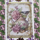 Garden Bird with Flowers- Hand Crafted Decoupage Greeting Card - Blank (3316)
