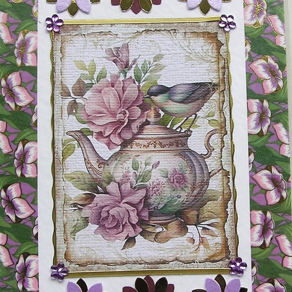 Garden Bird with Flowers- Hand Crafted Decoupage Greeting Card - Blank (3316)