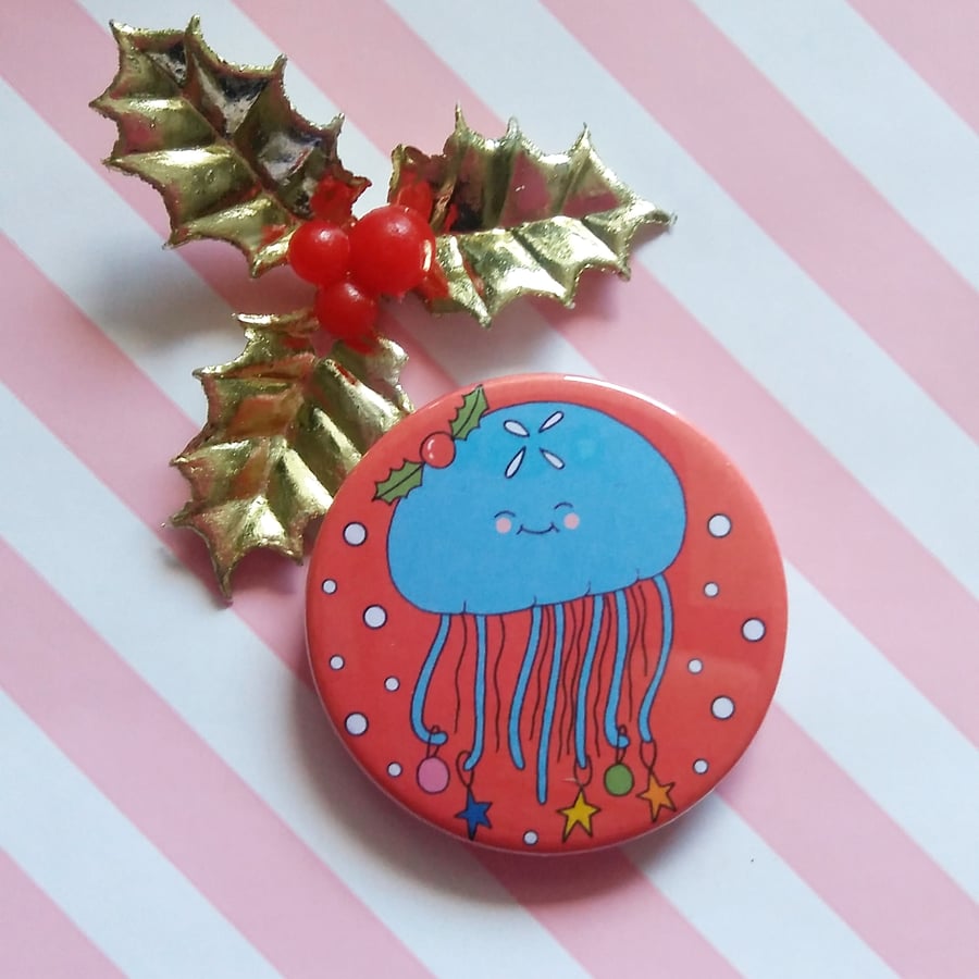 jellyfish christmas badge, handmade pin badge, christmas gift, wildlife lover