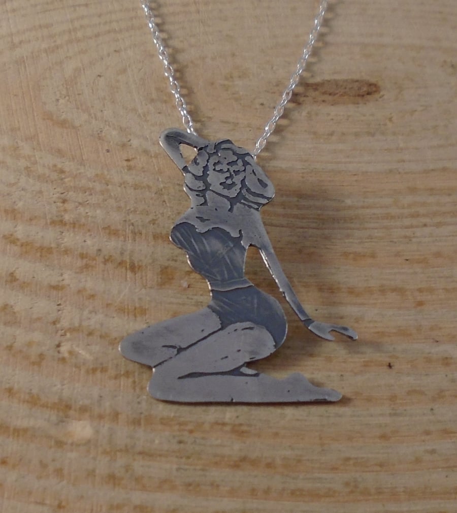 Sterling Silver Etched Pin Up Girl Necklace