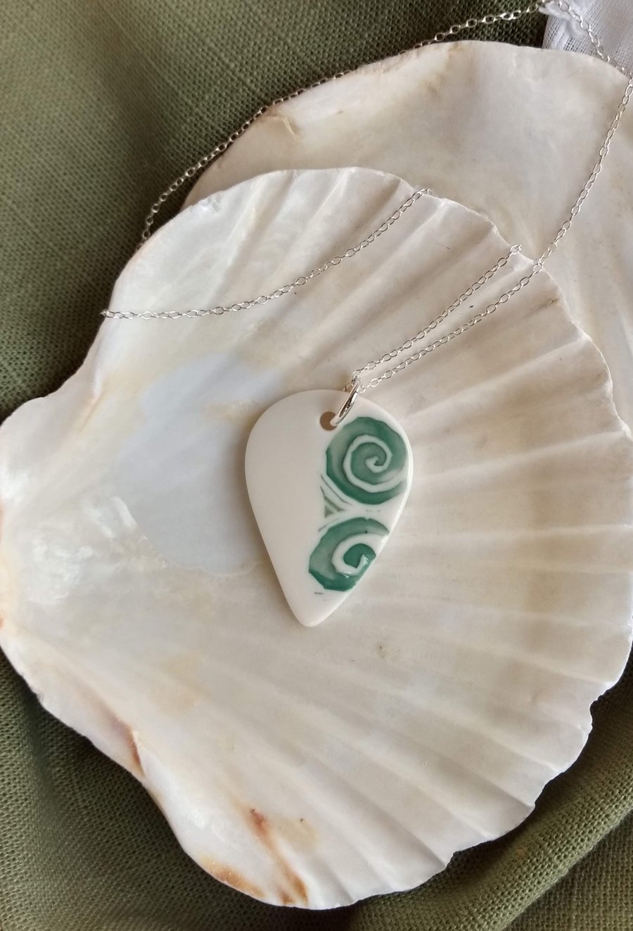Porcelain Ceramic Droplet Necklace with Wave Design on a Sterling Silver Chain 