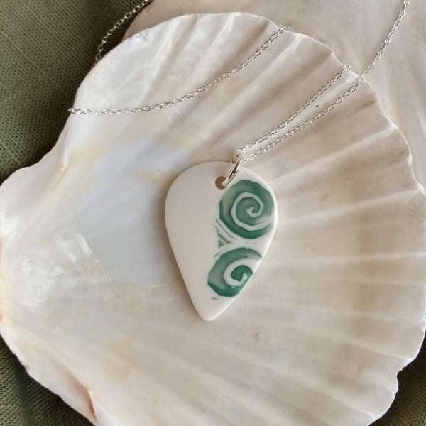 Porcelain Ceramic Droplet Necklace with Wave Design on a Sterling Silver Chain 