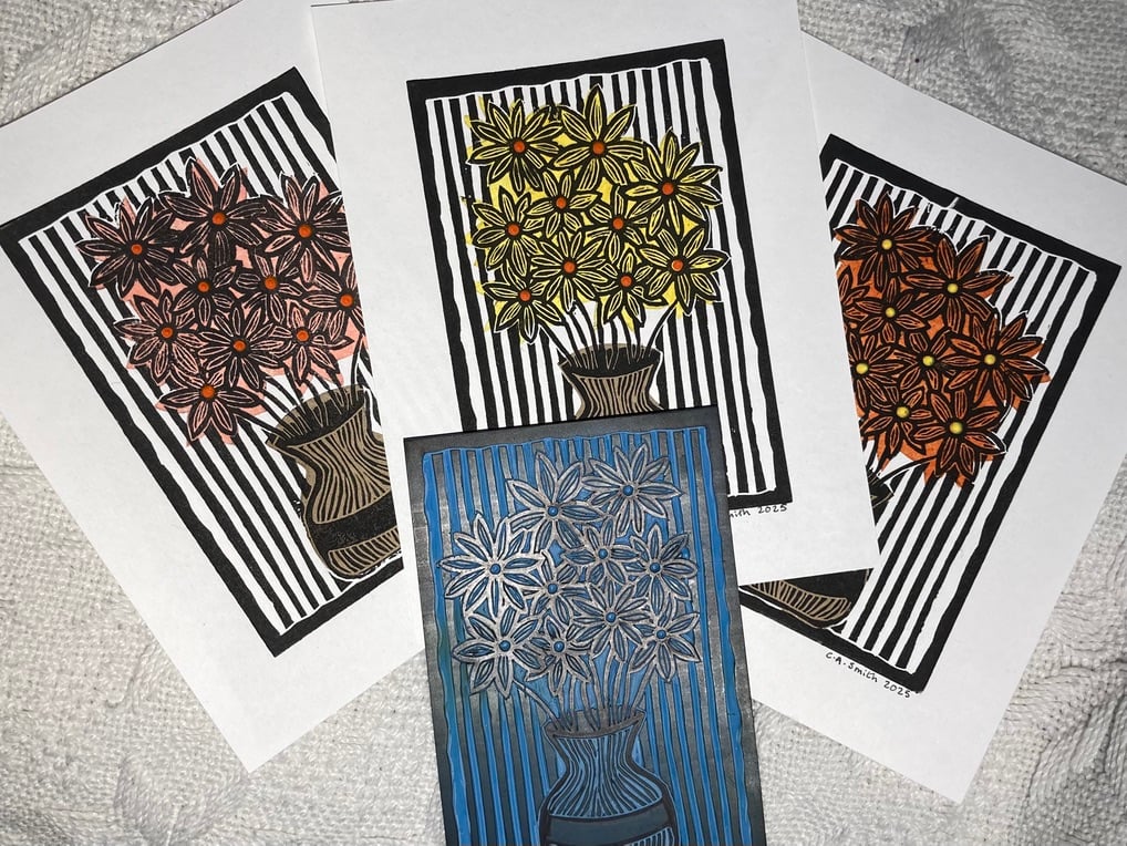 Vase of Flowers, original lino print