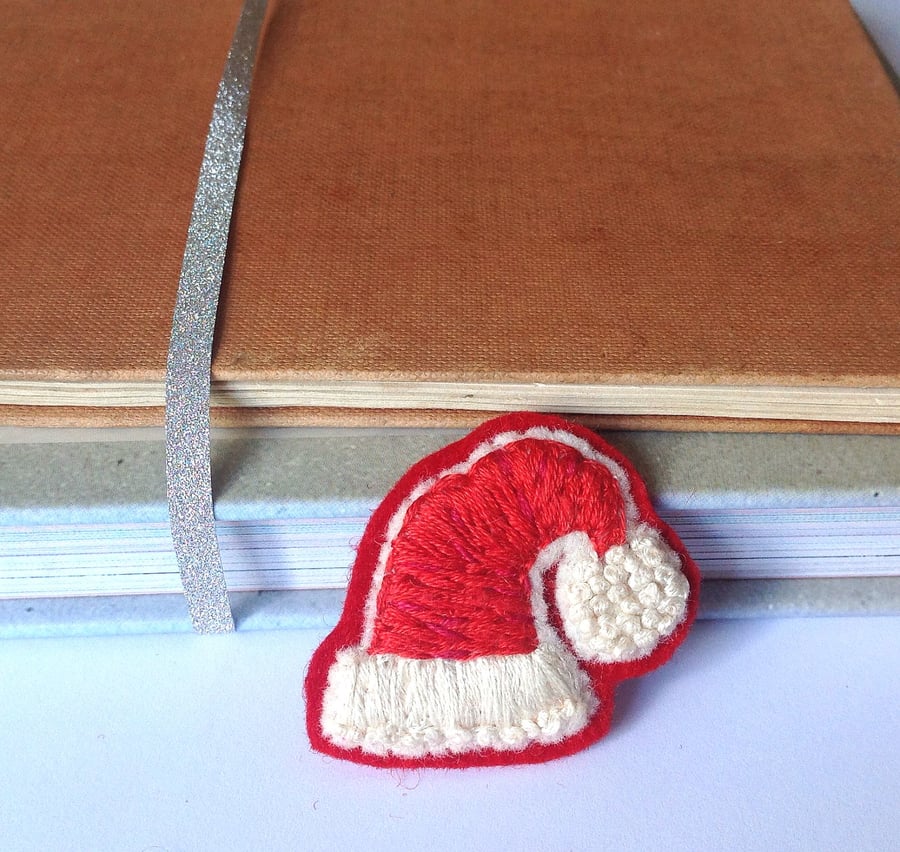 Santa Hat Brooch, Hand Embroidered 