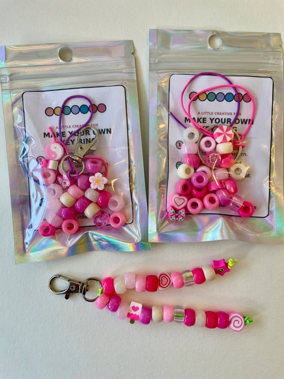 10 pack Make You Own Keyring Kit - Kids Craft Activity & Party Bag Gift (Pink) 