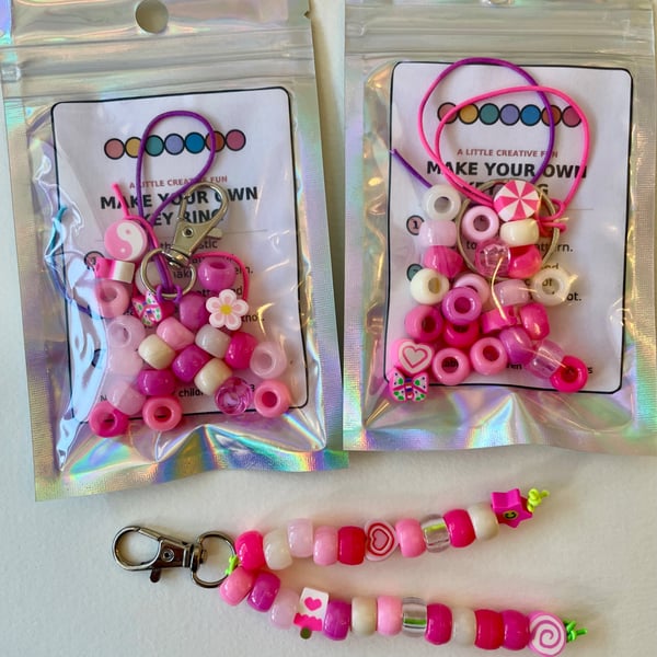 10 pack Make You Own Keyring Kit - Kids Craft Activity & Party Bag Gift (Pink) 