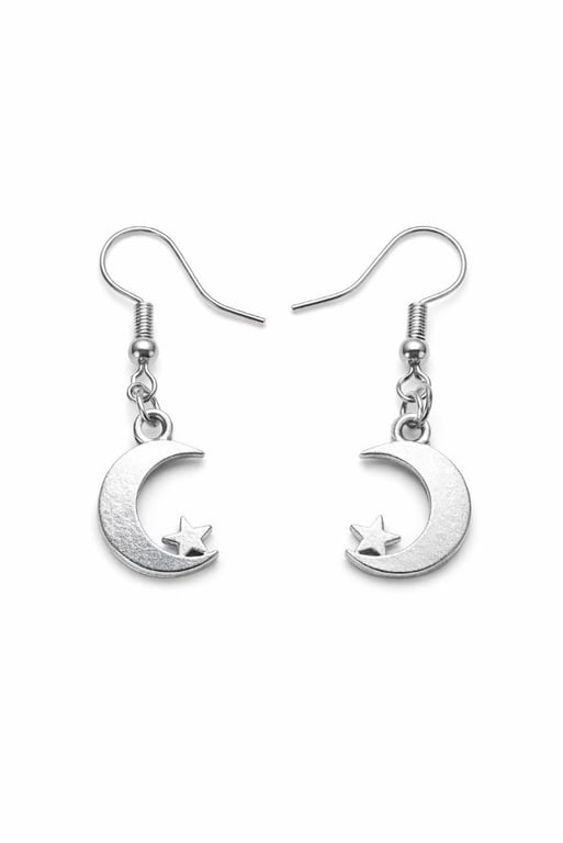 Crescent Moon & Star Earrings – Celestial Silver Earrings, Sterling Hooks