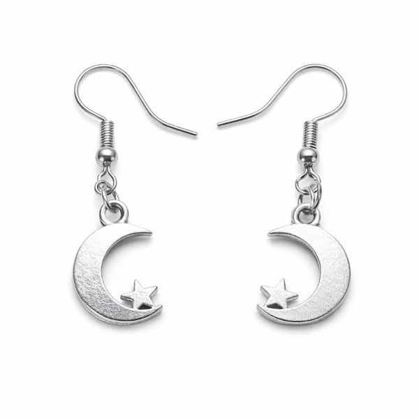 Crescent Moon & Star Earrings – Celestial Silver Earrings, Sterling Hooks
