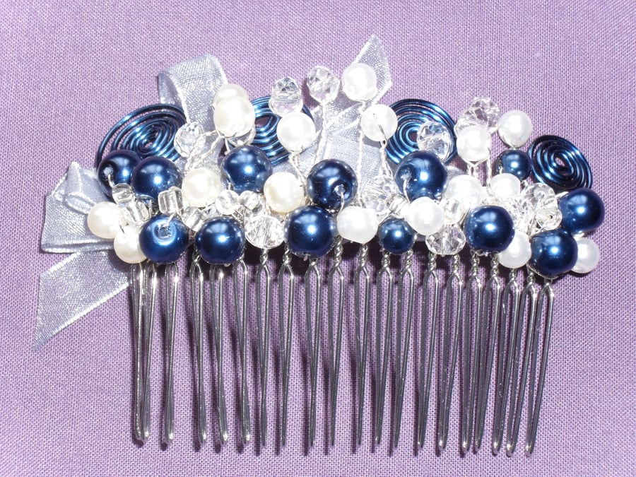 Navy Blue Pearl and Crystal Hair Comb