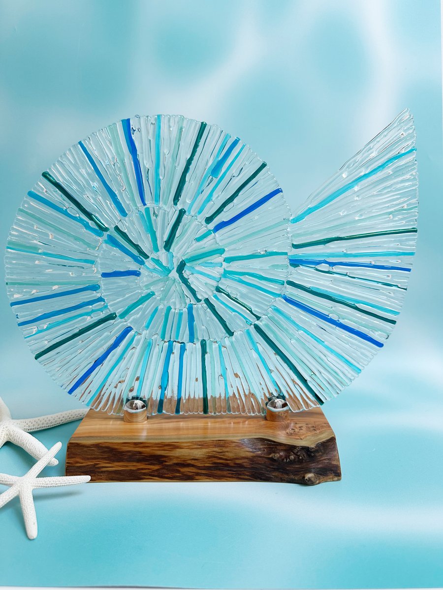 Fused Glass Ammonite - Shades of Blue & Clear - A Sculptural Statement Piece