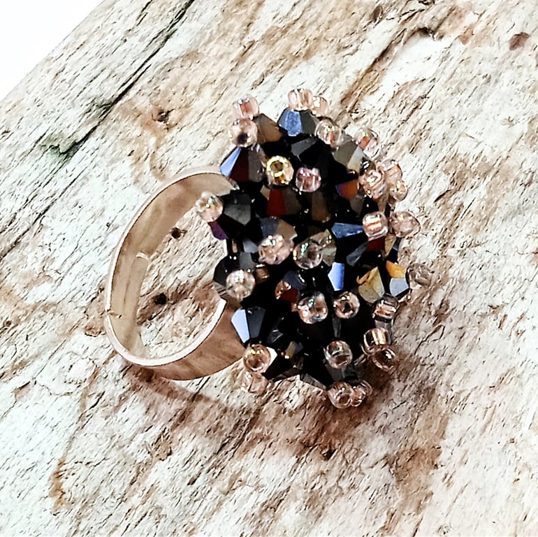 Black Crystal Bead Ring - UK Free Post