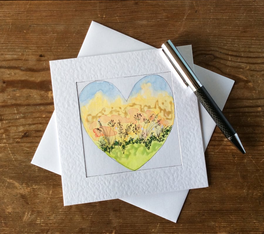Water colour garden silhouette heart art card. 