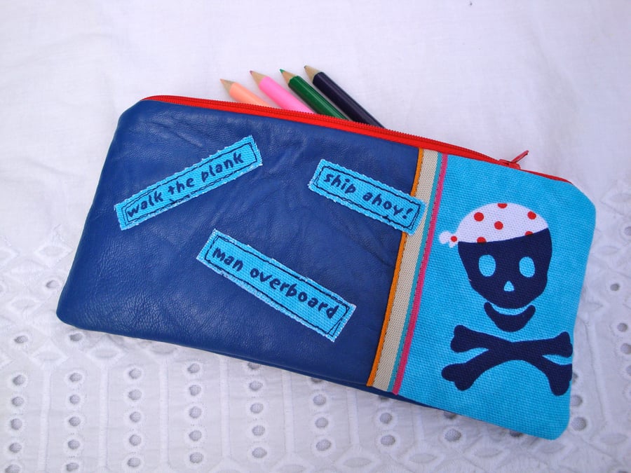 SALE Pencil Case - leather - Cotton - boys - pirate .