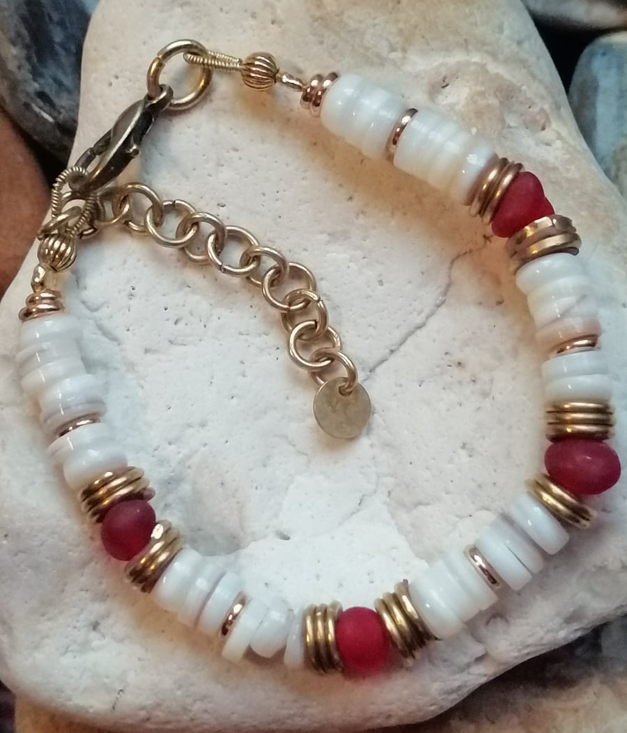Red sea glass sea shell bracelet 