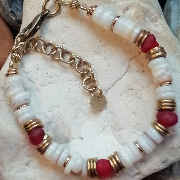Red sea glass sea shell bracelet 