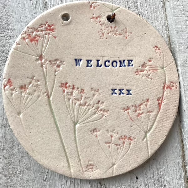Welcome house sign, pottery, clay, glazed & kiln fired  FREE p&p